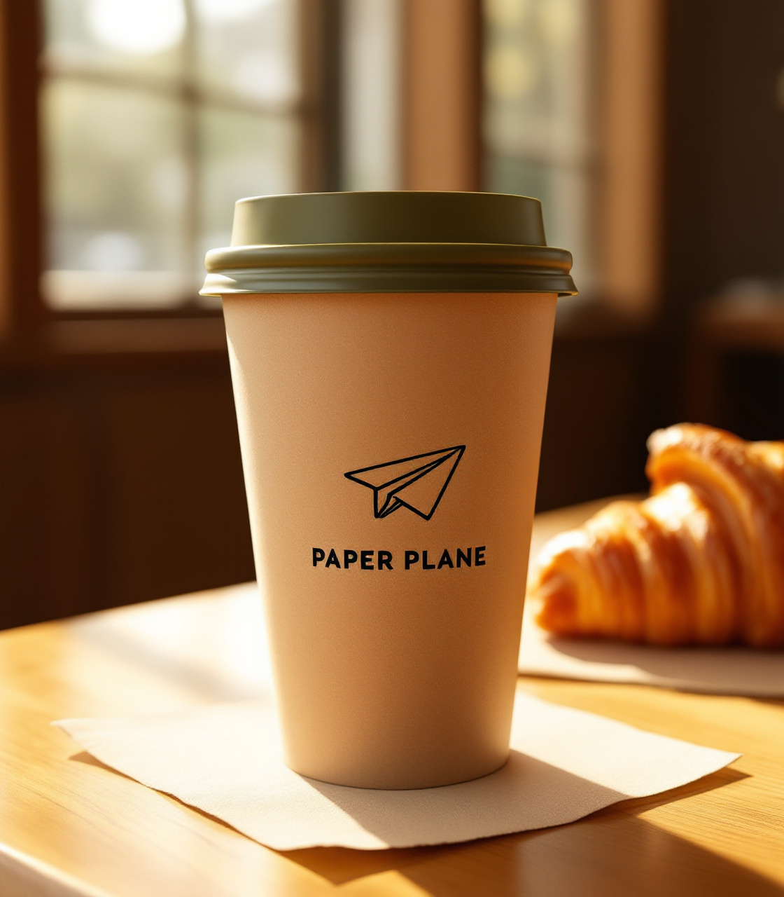 Paper Plane branded cup with a croissant